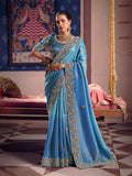 Monjolika Fashion Light Blue Viscose Zari Tissue Silk Embroidered Saree
