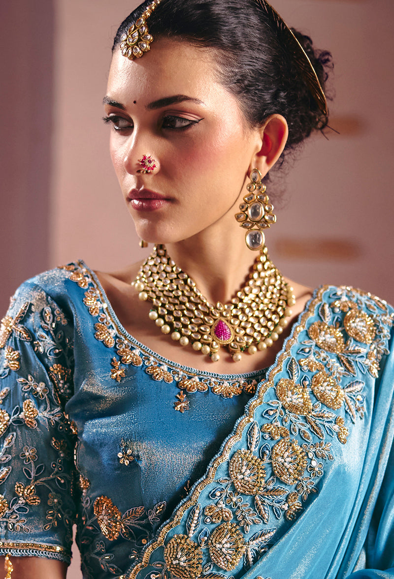 Monjolika Fashion Light Blue Viscose Zari Tissue Silk Embroidered Saree