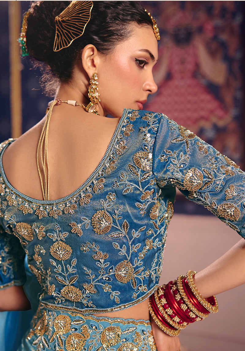 Monjolika Fashion Light Blue Viscose Zari Tissue Silk Embroidered Saree
