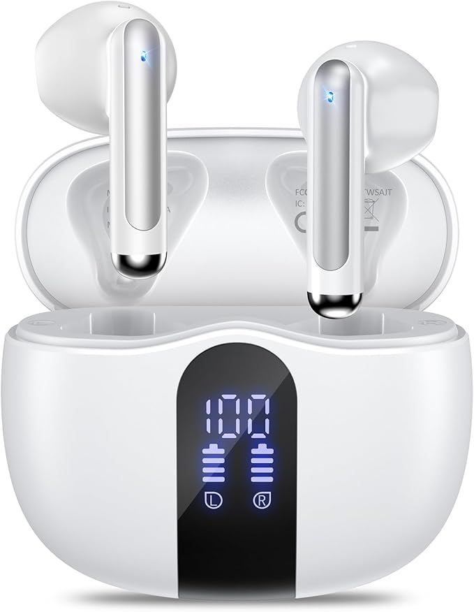 Wireless Earbuds, 2025 Bluetooth 5.4 Bass Stereo Headphones with 4 ENC Mic, 50H Playback Ear Buds with Charging Case LED Display,Sport Earphones IPX7 Waterproof for Phone, Android, Pad, White
