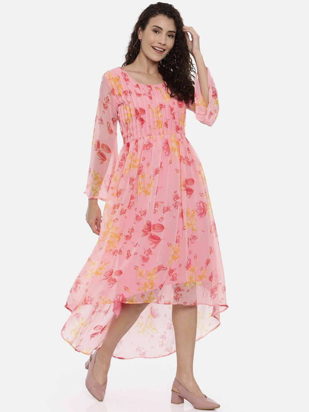 Souchii Pink Floral Printed A-Line Dress For Women