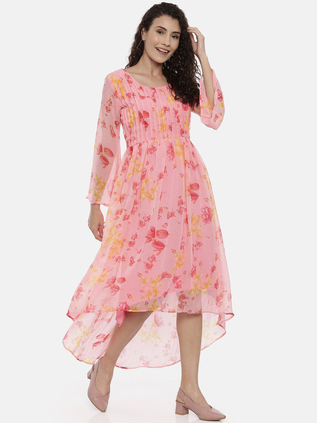 Souchii Women Beautiful Pink Floral Printed A-Line Dress