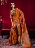 Monjolika Fashion Rust Satin Linen Handloom Weaving Silk Saree