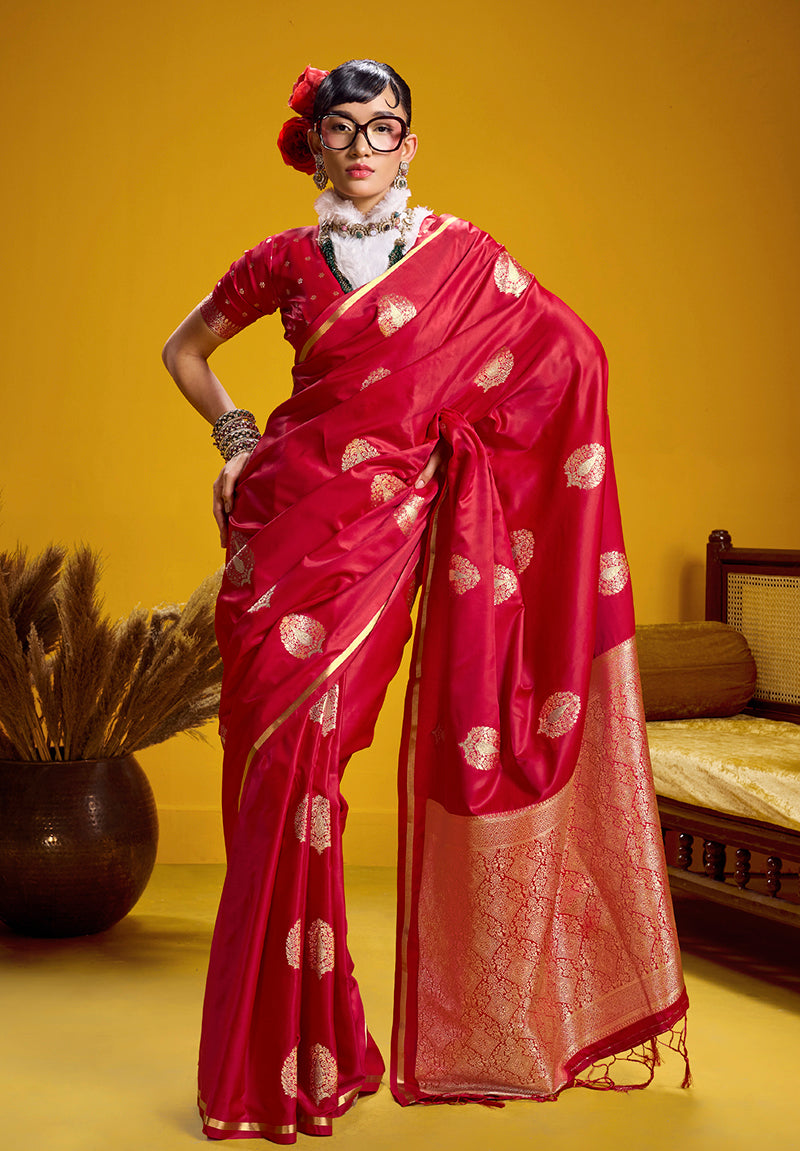 Monjolika Fashion Satin Silk Handloom Weaving Saree In Red
