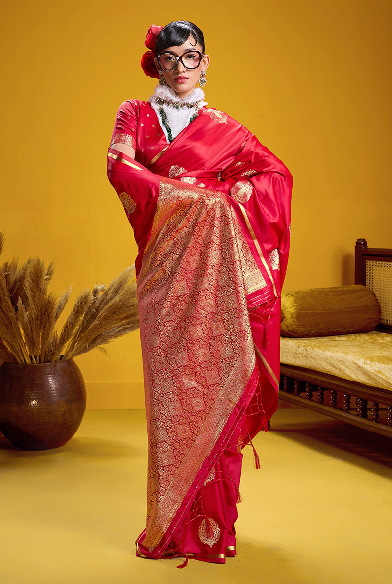 Monjolika Fashion Satin Silk Handloom Weaving Saree In Red