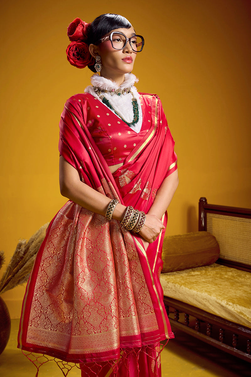 Monjolika Fashion Satin Silk Handloom Weaving Saree In Red
