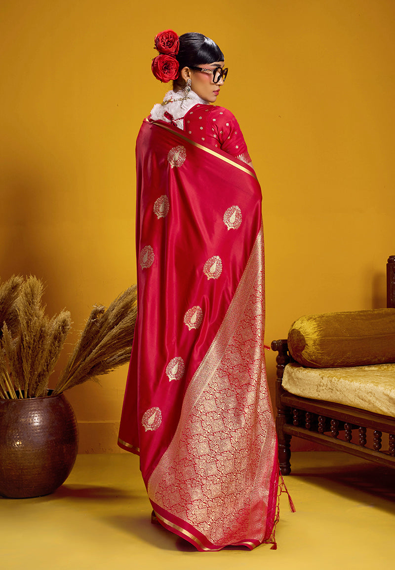 Monjolika Fashion Satin Silk Handloom Weaving Saree In Red