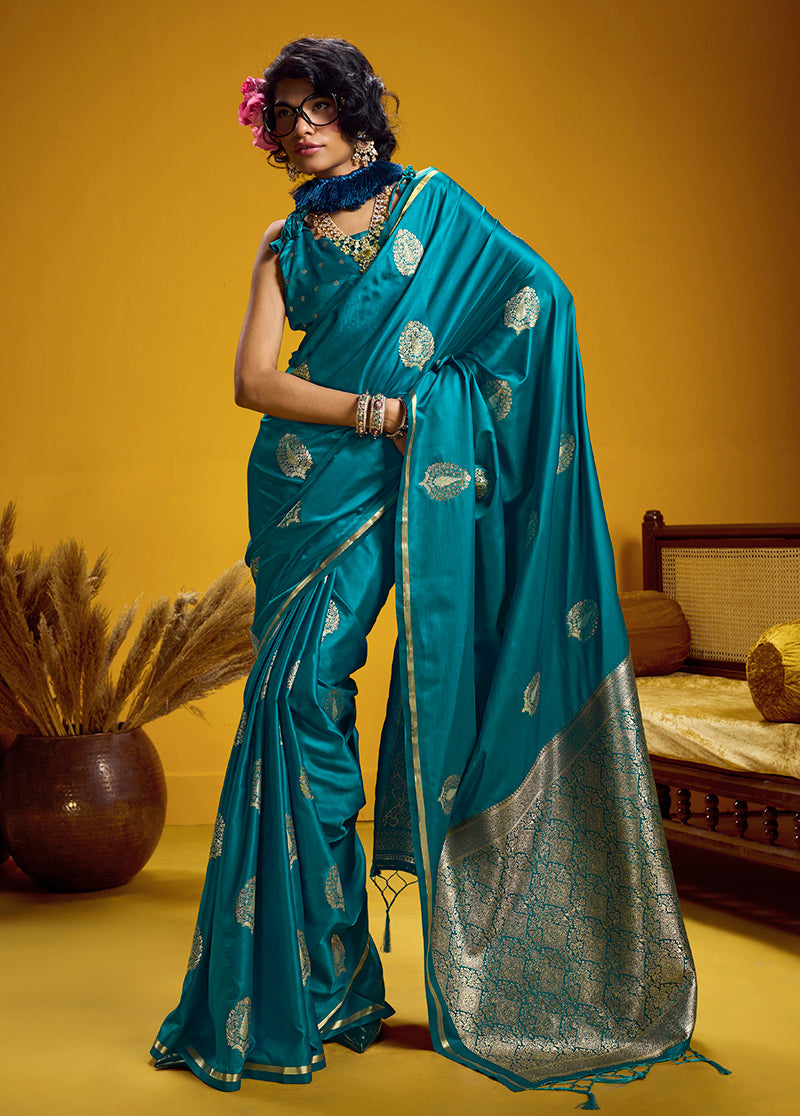 Monjolika Fashion Satin Silk Handloom Weaving Saree In Aqua Blue