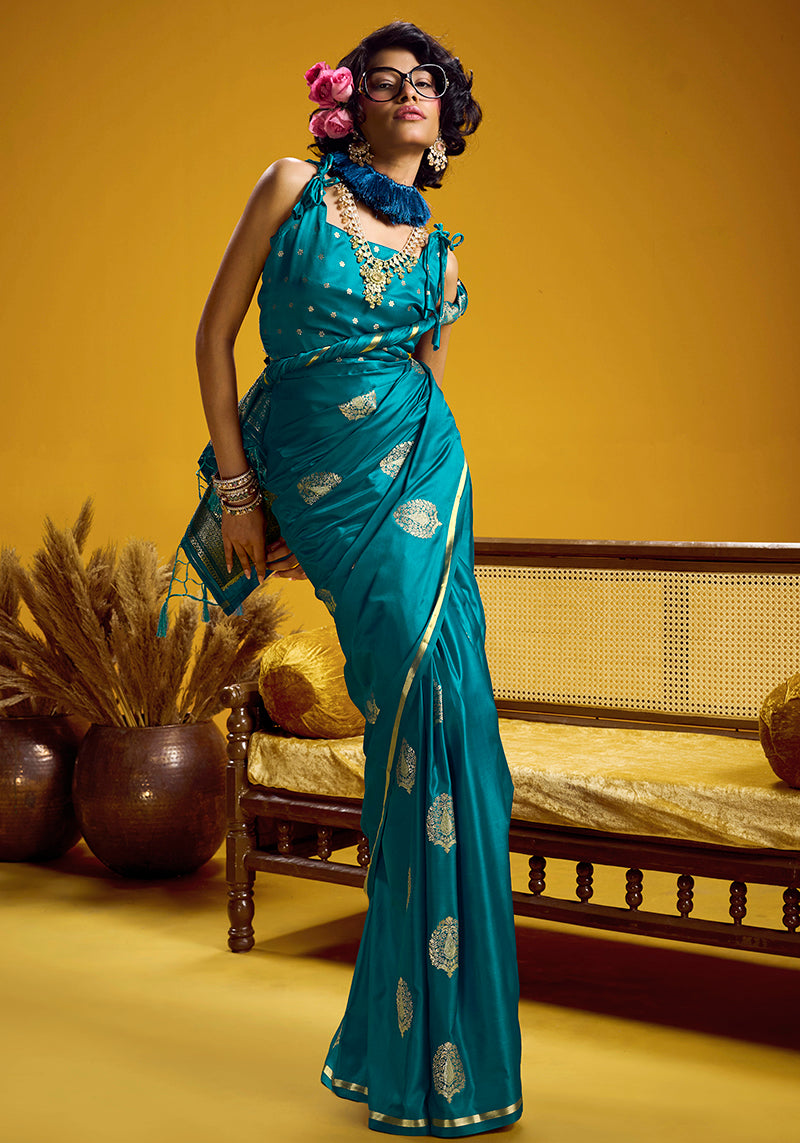 Monjolika Fashion Satin Silk Handloom Weaving Saree In Aqua Blue