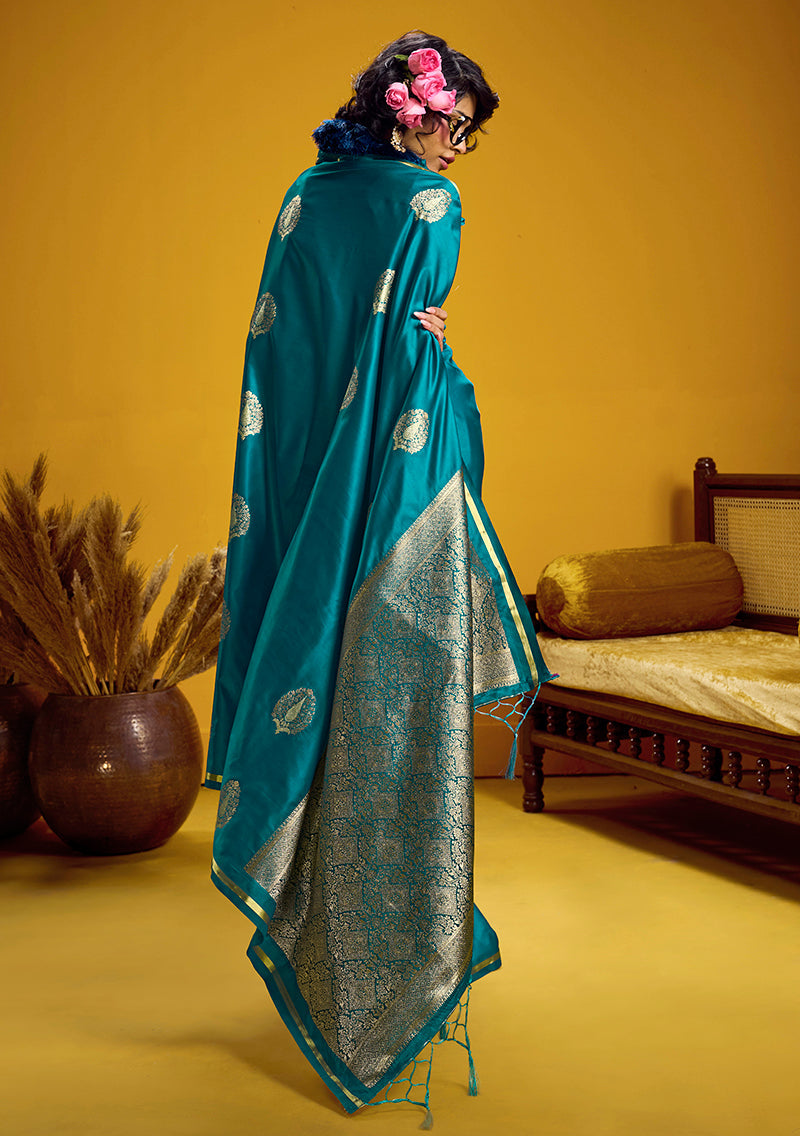 Monjolika Fashion Satin Silk Handloom Weaving Saree In Aqua Blue