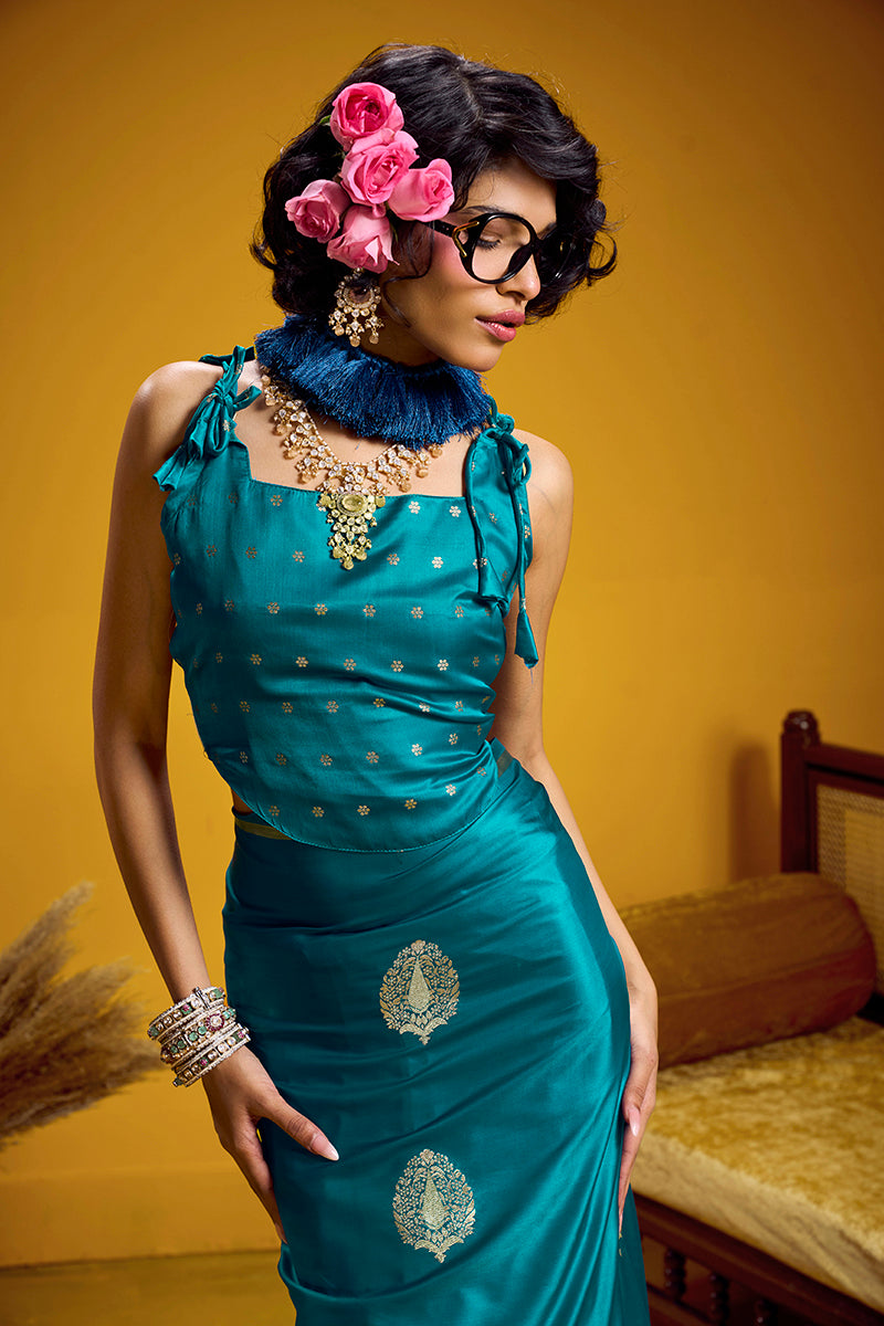 Monjolika Fashion Satin Silk Handloom Weaving Saree In Aqua Blue