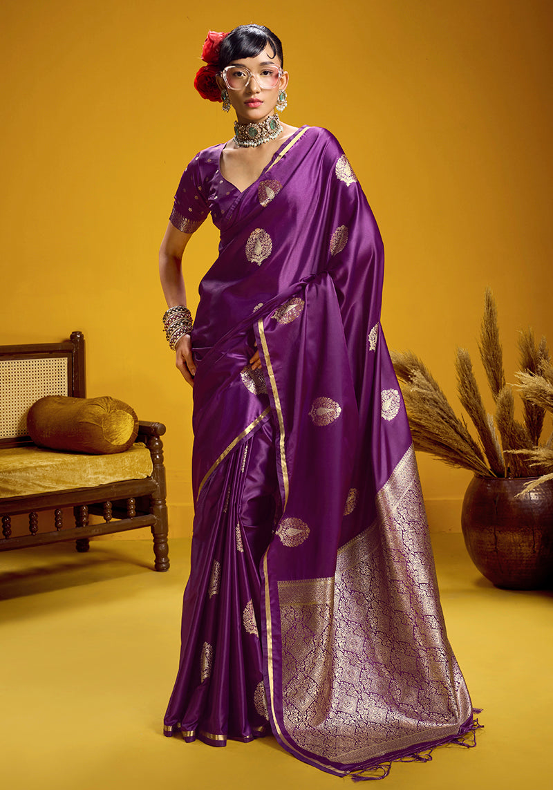 Monjolika Fashion Satin Silk Handloom Weaving Saree In Purple