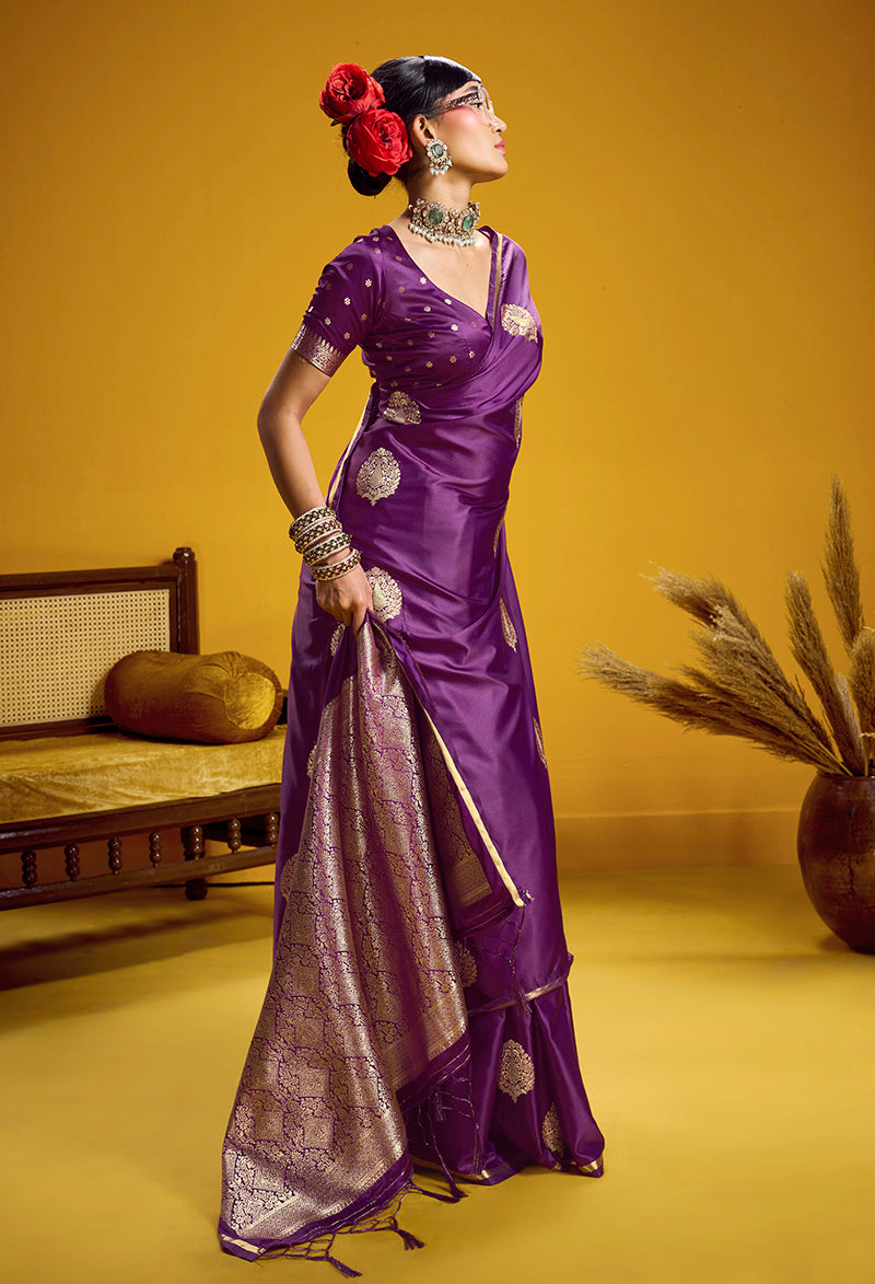 Monjolika Fashion Satin Silk Handloom Weaving Saree In Purple