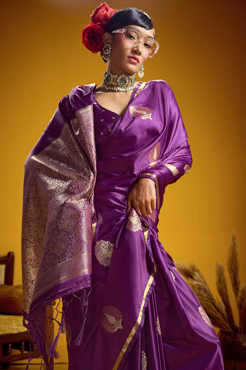 Monjolika Fashion Satin Silk Handloom Weaving Saree In Purple
