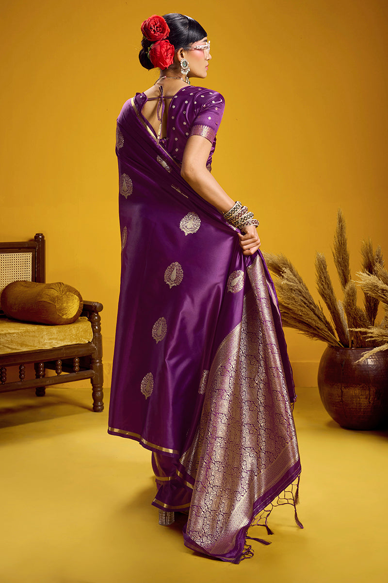 Monjolika Fashion Satin Silk Handloom Weaving Saree In Purple
