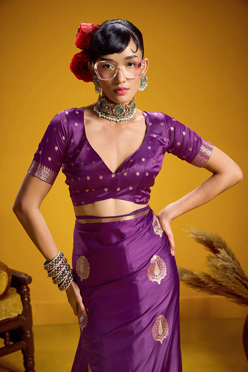 Monjolika Fashion Satin Silk Handloom Weaving Saree In Purple