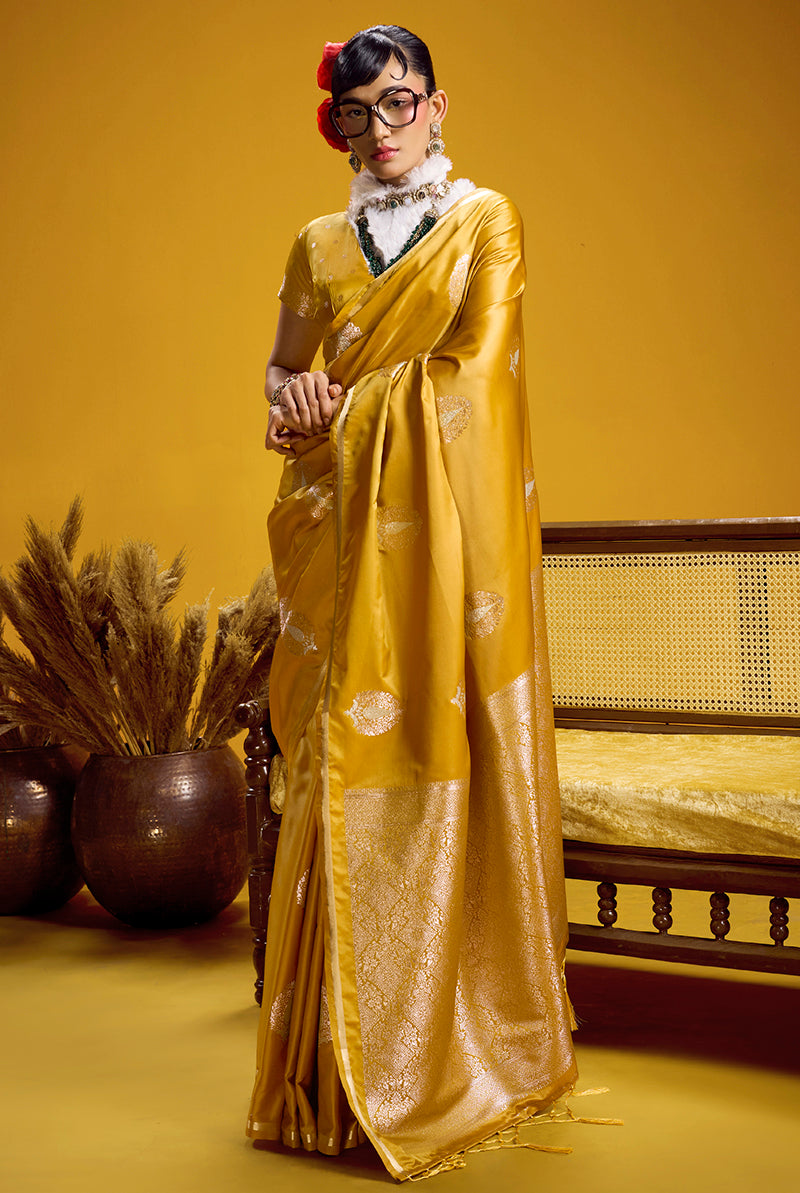 Monjolika Fashion Satin Silk Handloom Weaving Saree In Mustard Yellow