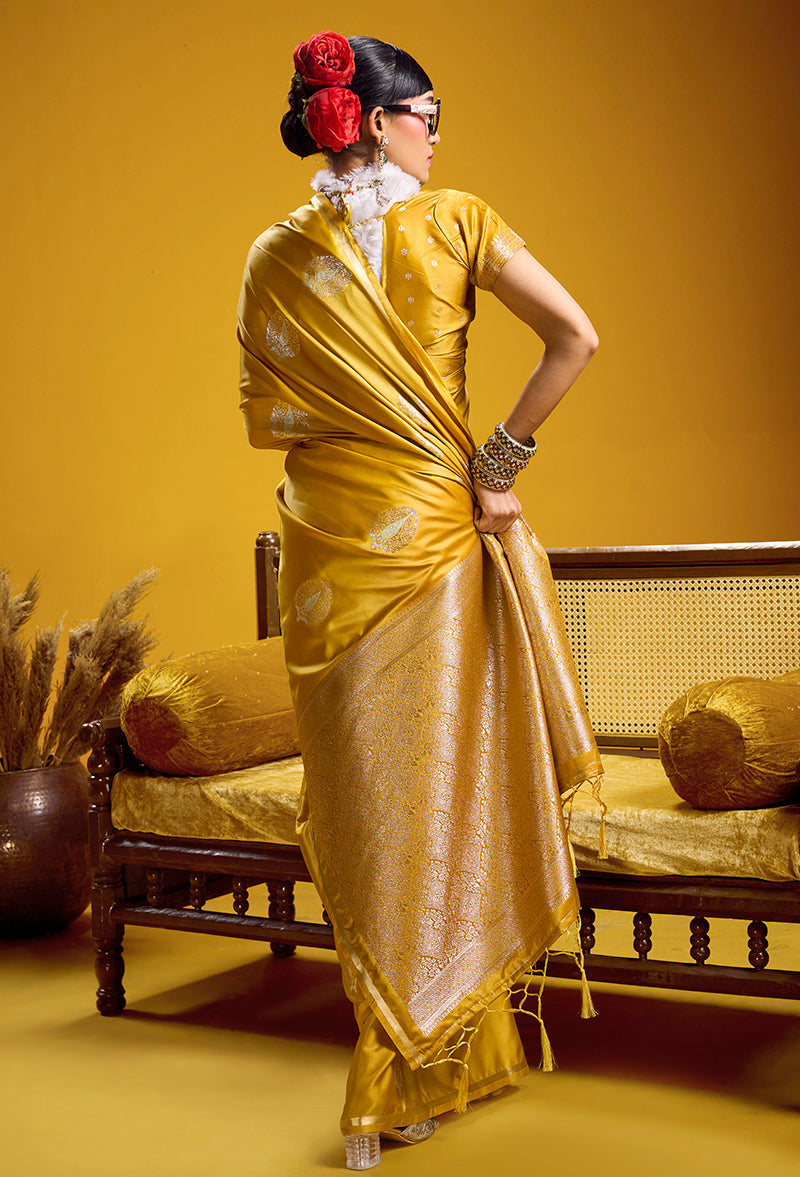Monjolika Fashion Satin Silk Handloom Weaving Saree In Mustard Yellow