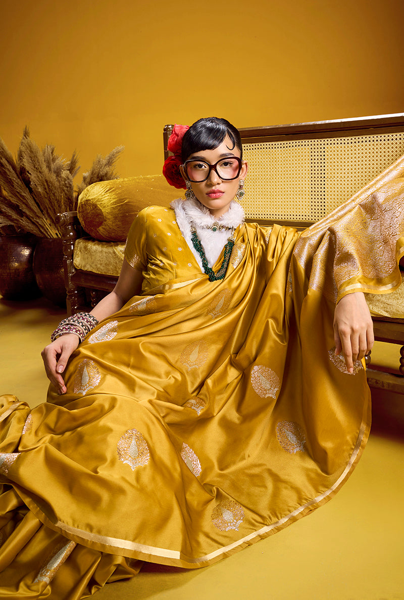 Monjolika Fashion Satin Silk Handloom Weaving Saree In Mustard Yellow