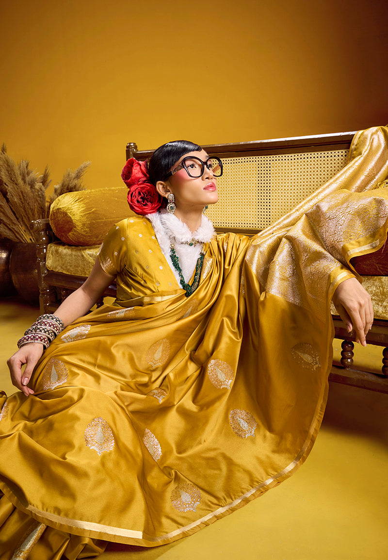 Monjolika Fashion Satin Silk Handloom Weaving Saree In Mustard Yellow