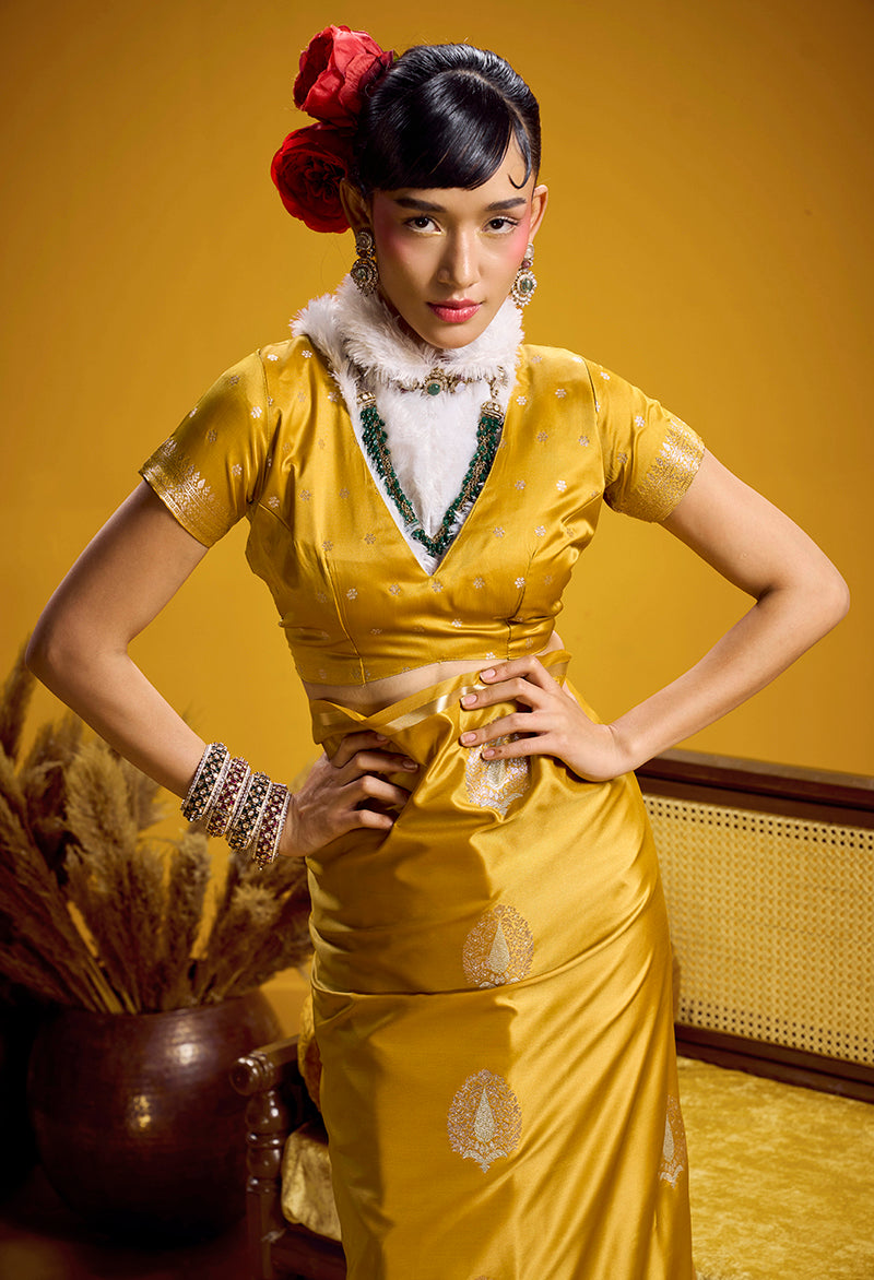 Monjolika Fashion Satin Silk Handloom Weaving Saree In Mustard Yellow
