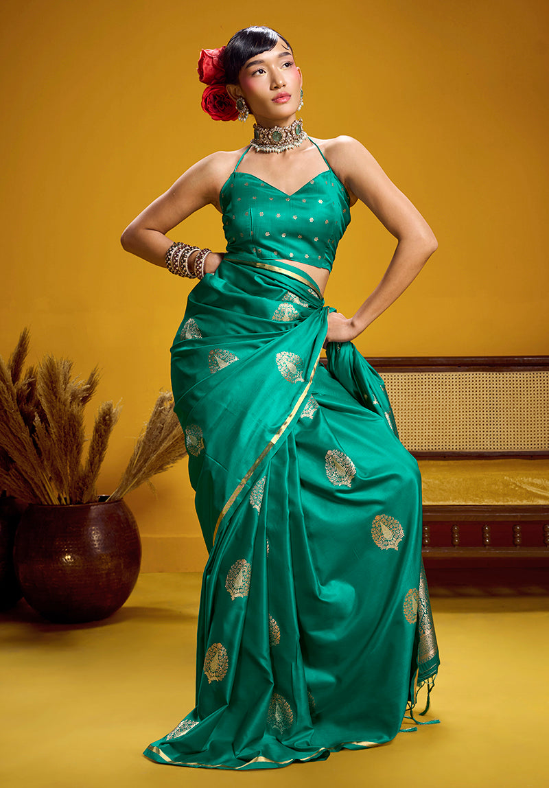 Monjolika Fashion Satin Silk Handloom Weaving Saree In Sea Green