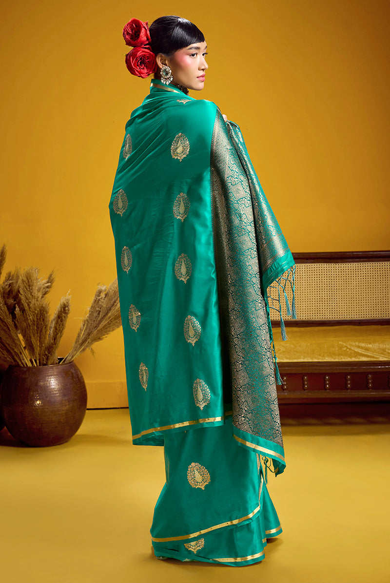 Monjolika Fashion Satin Silk Handloom Weaving Saree In Sea Green