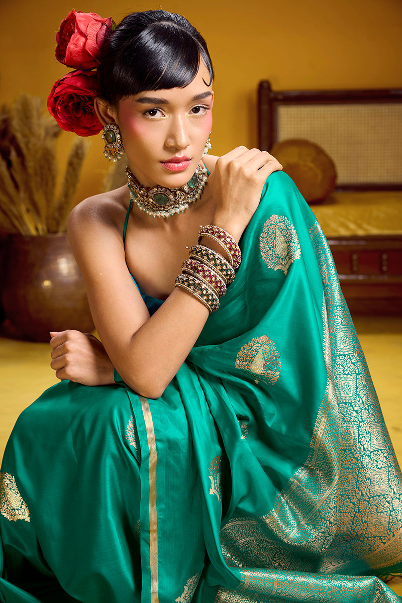 Monjolika Fashion Satin Silk Handloom Weaving Saree In Sea Green