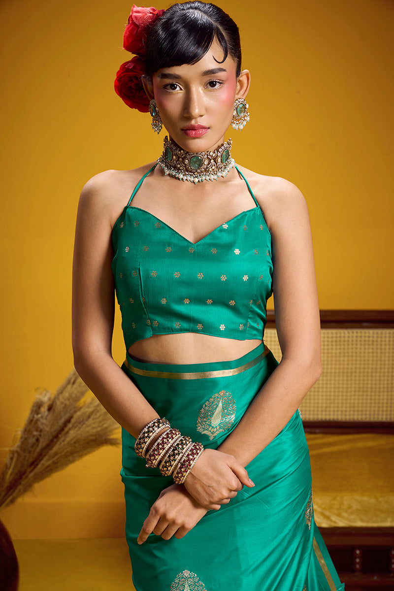 Monjolika Fashion Satin Silk Handloom Weaving Saree In Sea Green