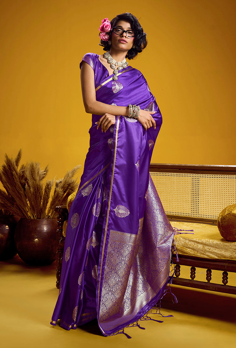 Monjolika Fashion Satin Silk Handloom Weaving Saree In Violet