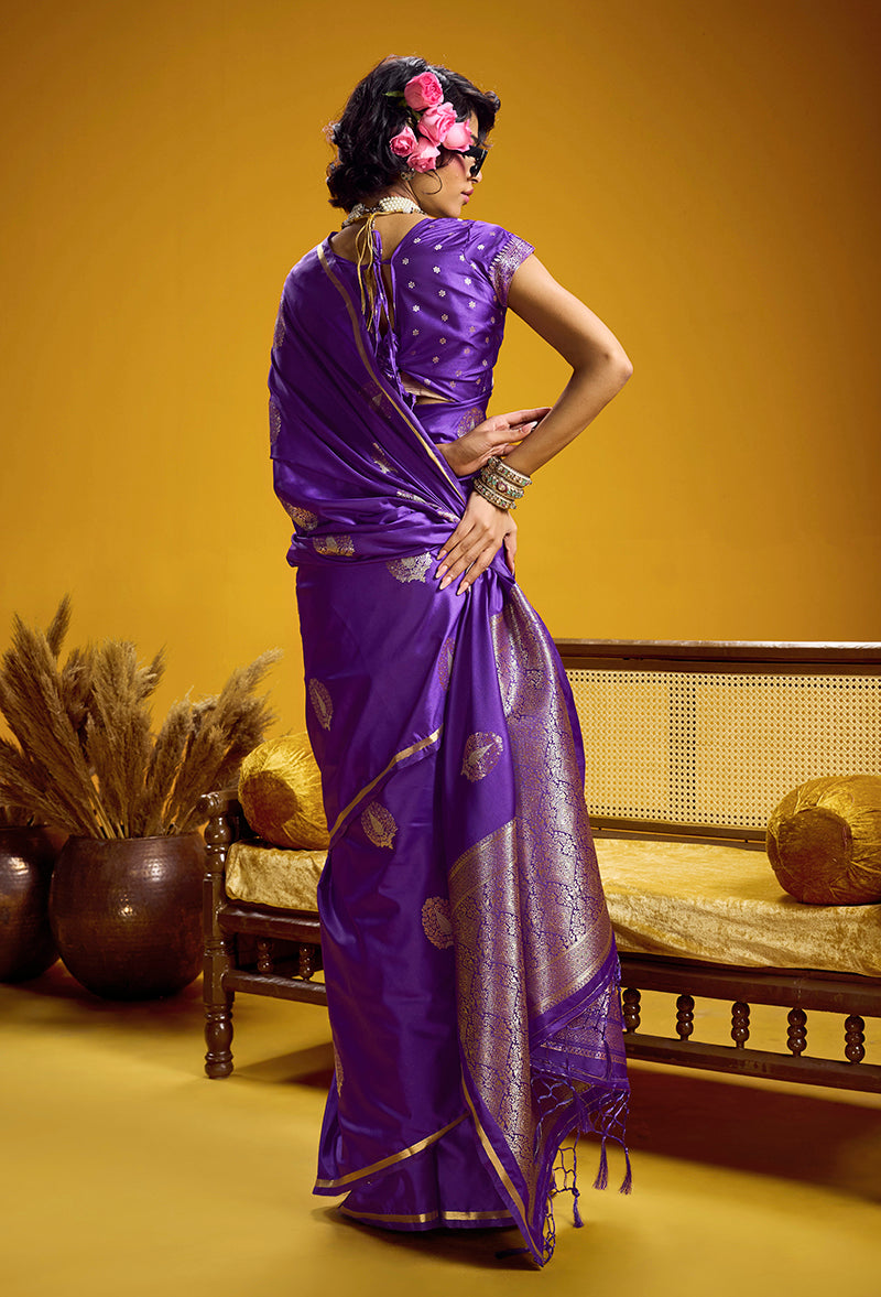 Monjolika Fashion Satin Silk Handloom Weaving Saree In Violet