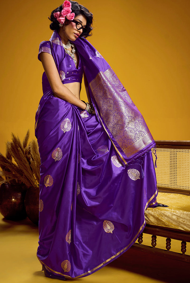 Monjolika Fashion Satin Silk Handloom Weaving Saree In Violet