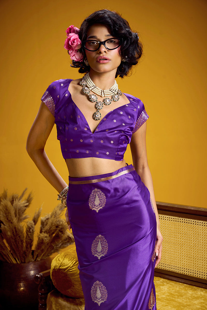 Monjolika Fashion Satin Silk Handloom Weaving Saree In Violet