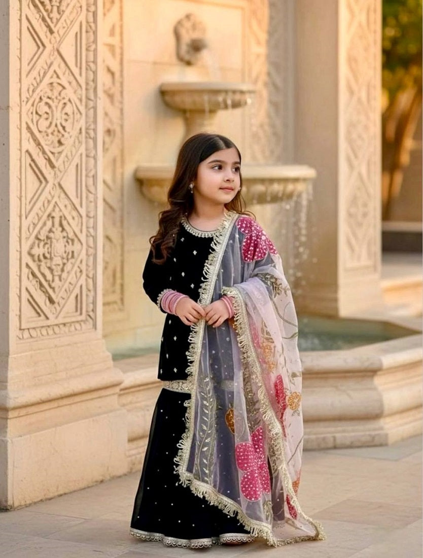 Evanik Black Designer Viscose Velvet Embroidered Work Kids Kurta Sharara Set