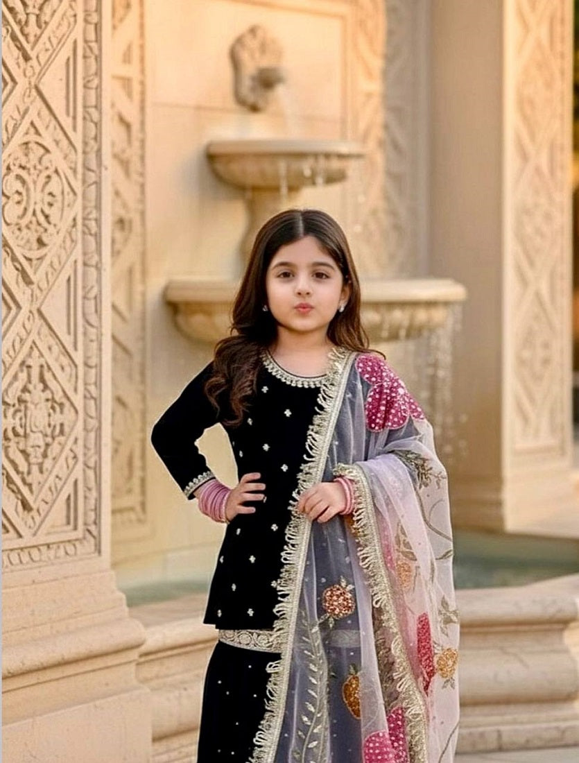 Evanik Black Designer Viscose Velvet Embroidered Work Kids Kurta Sharara Set