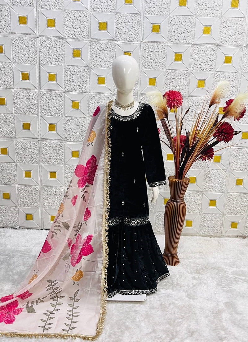Evanik Black Designer Viscose Velvet Embroidered Work Kids Kurta Sharara Set