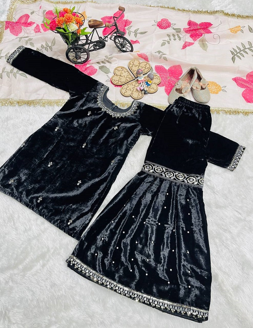 Evanik Black Designer Viscose Velvet Embroidered Work Kids Kurta Sharara Set
