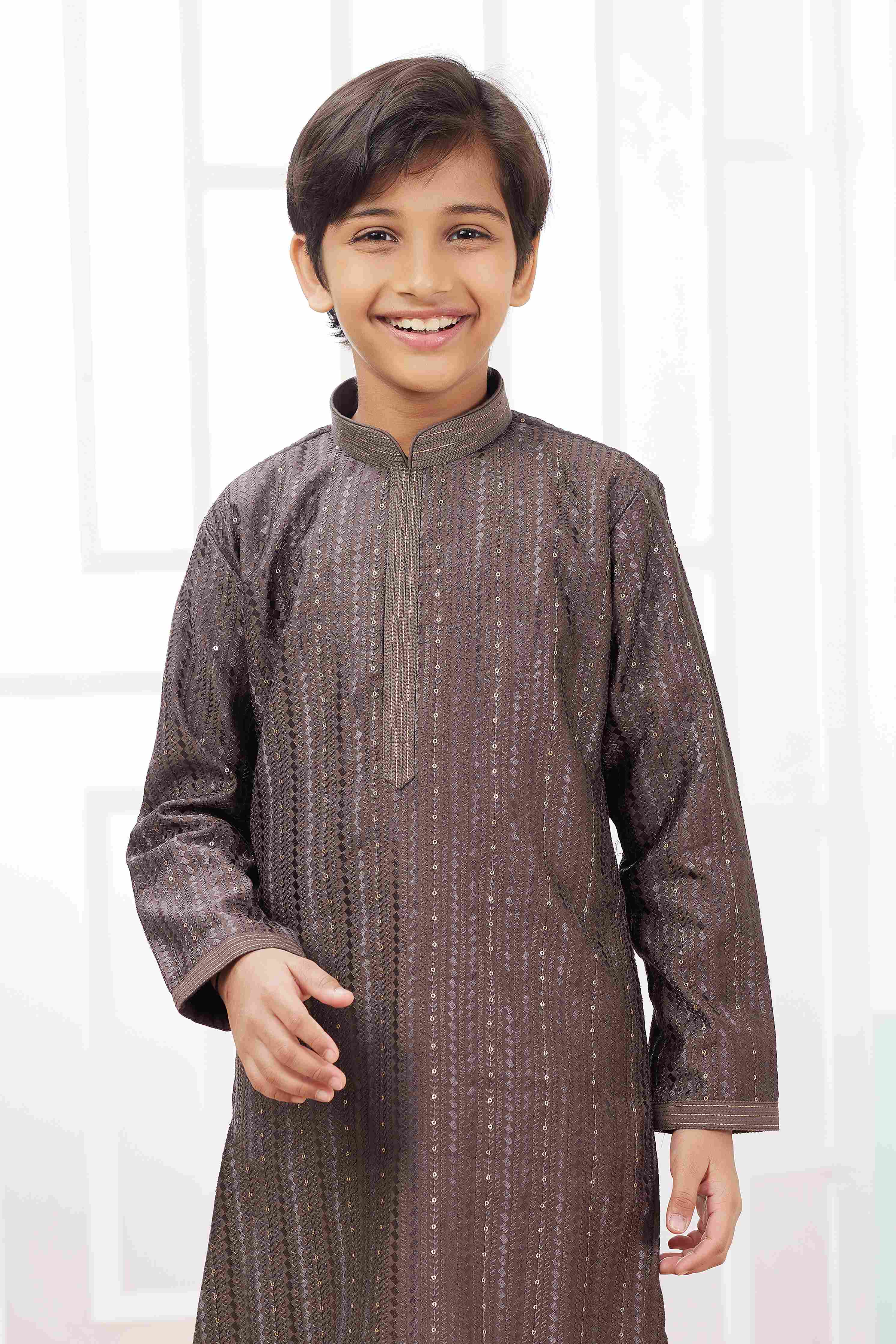 Raivat Ethnic Art Silk Embroidery Work Kids Kurta Pajama In Brown Colour
