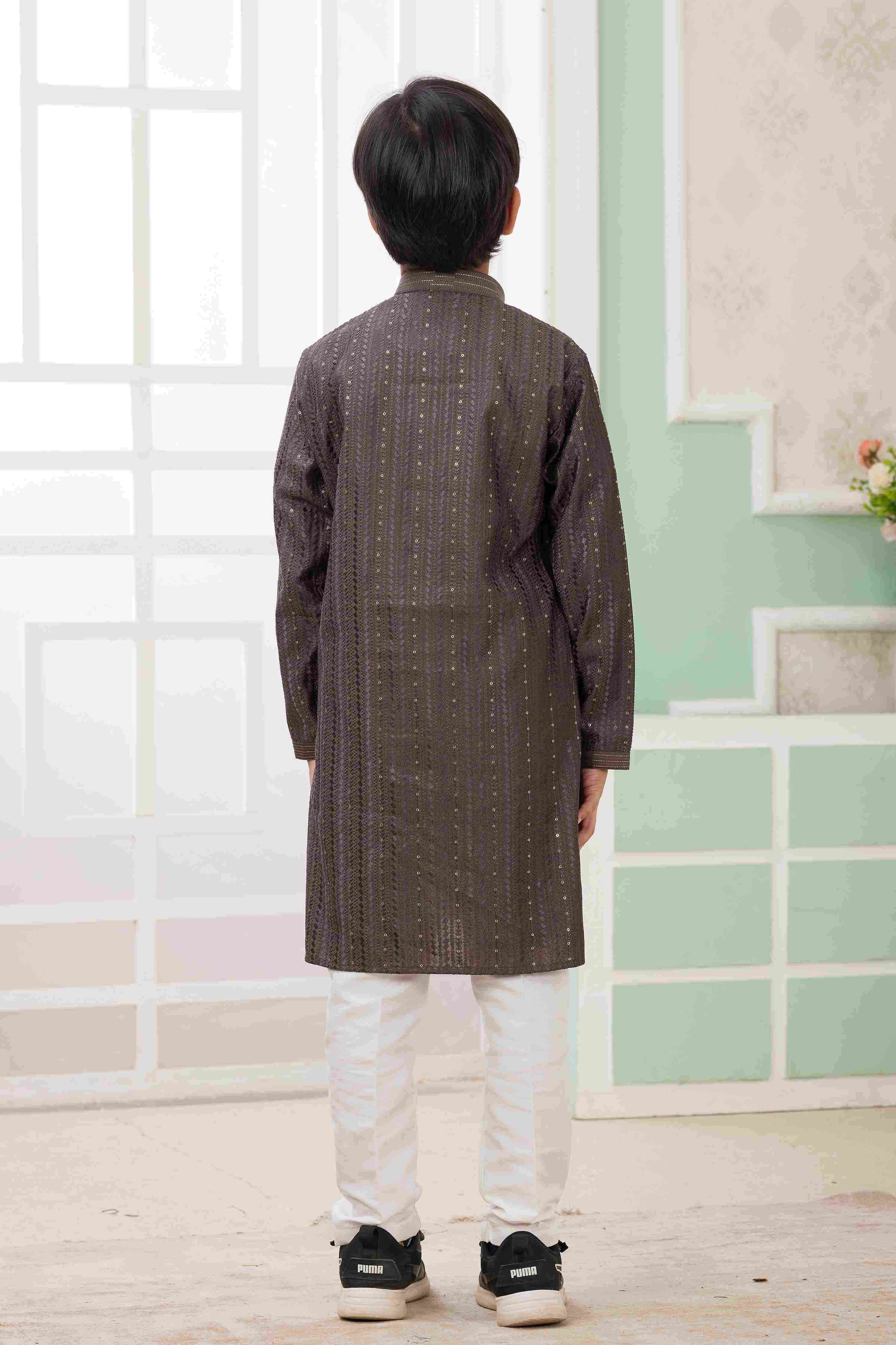 Raivat Ethnic Art Silk Embroidery Work Kids Kurta Pajama In Brown Colour