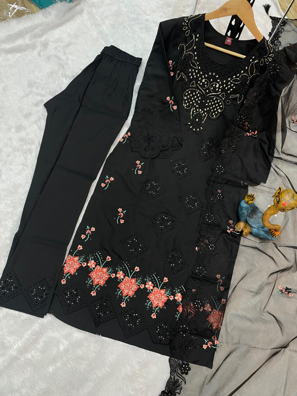 Pramukh Fab Black Color Viscose Roman Kurta Set