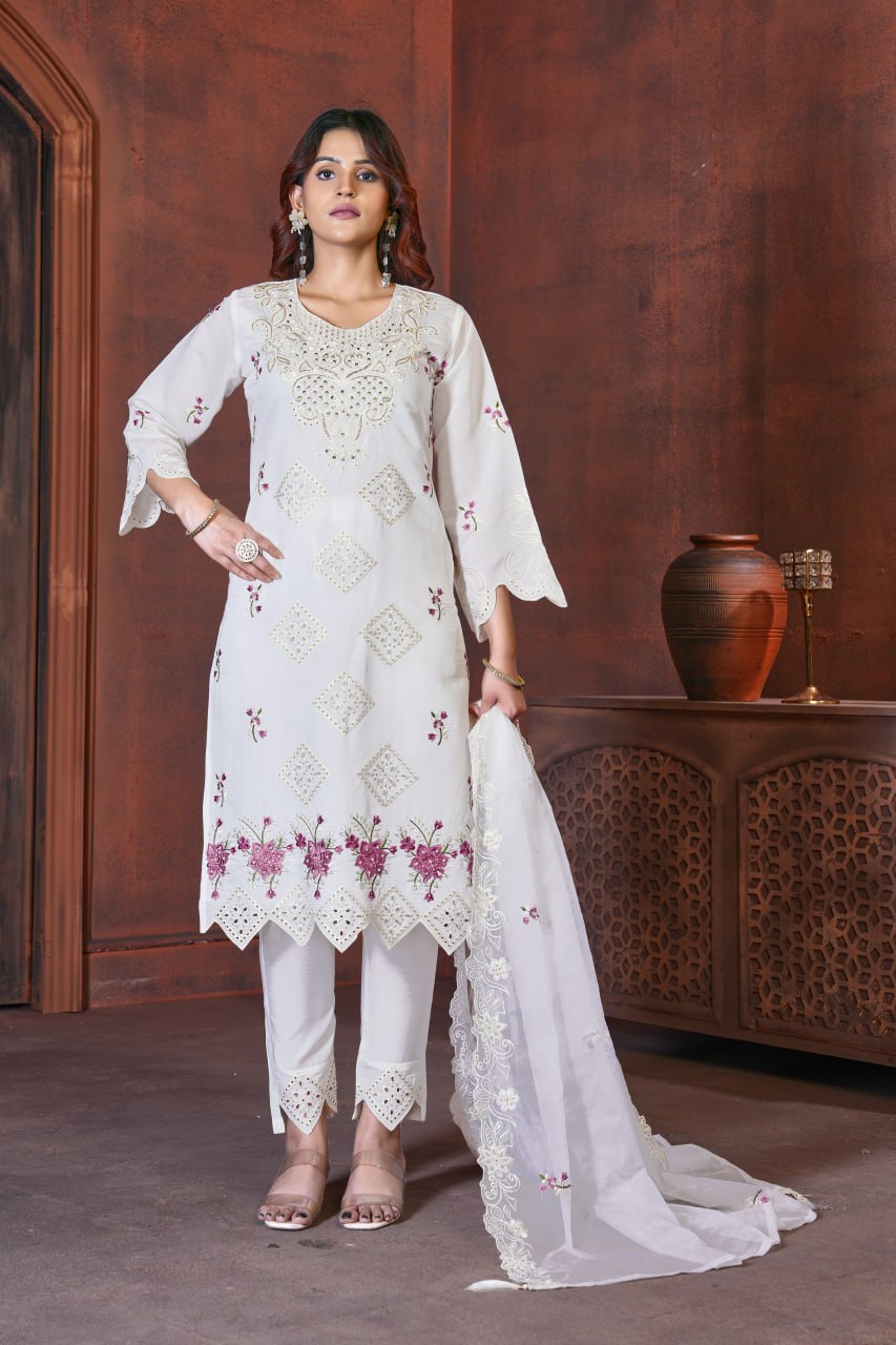 Pramukh Fab White Color Viscose Roman Kurta Set