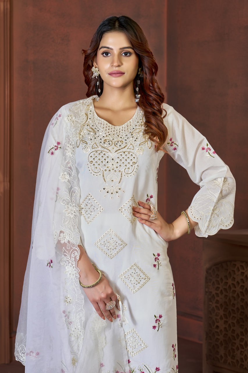 Pramukh Fab White Color Viscose Roman Kurta Set