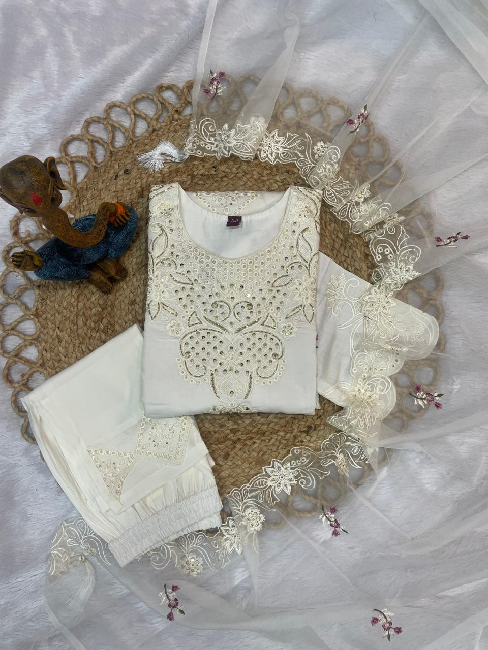 Pramukh Fab White Color Viscose Roman Kurta Set