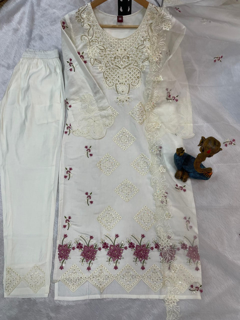 Pramukh Fab White Color Viscose Roman Kurta Set