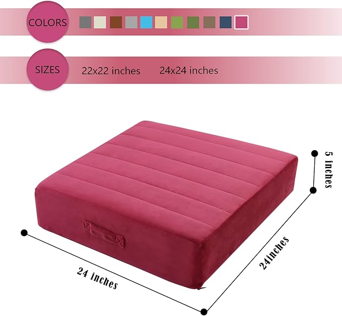 MeMoreCool Square Floor Pillow Seating for Adults Kids, Large Meditation Cushion Floor Pillow with Thick Foam & Soft Tufted Cover, Washable Big Pillow Seat Floor Cushion for Sitting Yoga 24" Wine