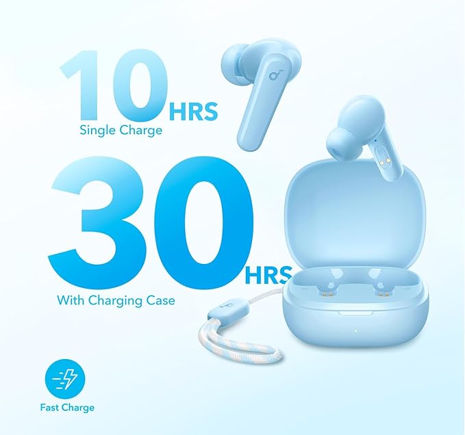 Soundcore by Anker P20i True Wireless Earbuds, 10mm Drivers with Big Bass, Bluetooth 5.3, 30H Long Playtime, Water-Resistant, 2 Mics for AI Clear Calls, 22 Preset EQs, Customization (Light Blue)