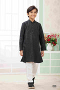 Raivat Ethnic Art Silk Embroidery Work Kids Kurta Pajama In Black Colour