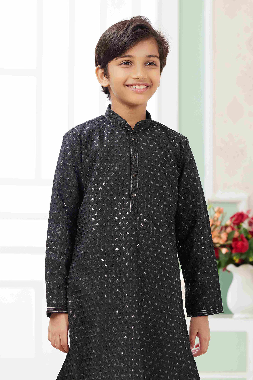Raivat Ethnic Art Silk Embroidery Work Kids Kurta Pajama In Black Colour