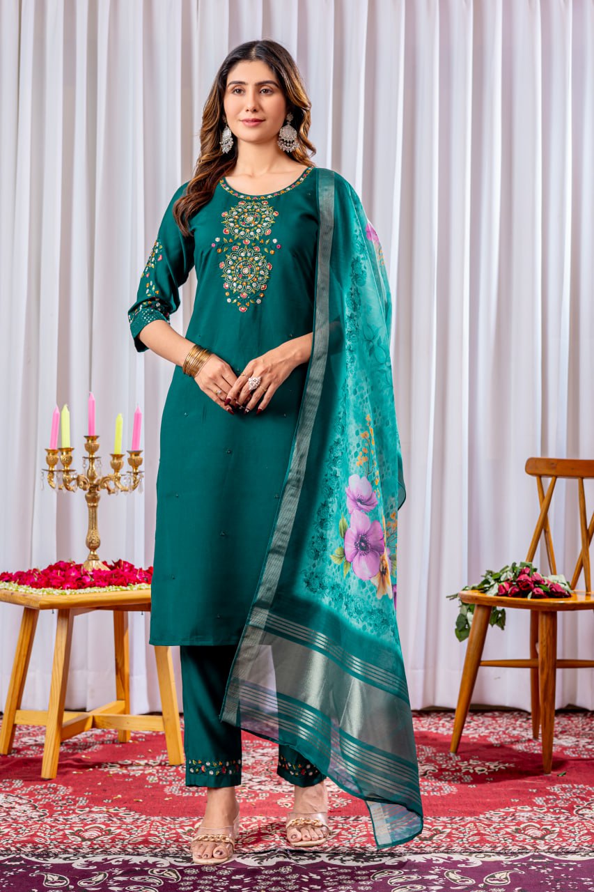 Pramukh Fab Teal Green Color Viscose Silk Kurta Set