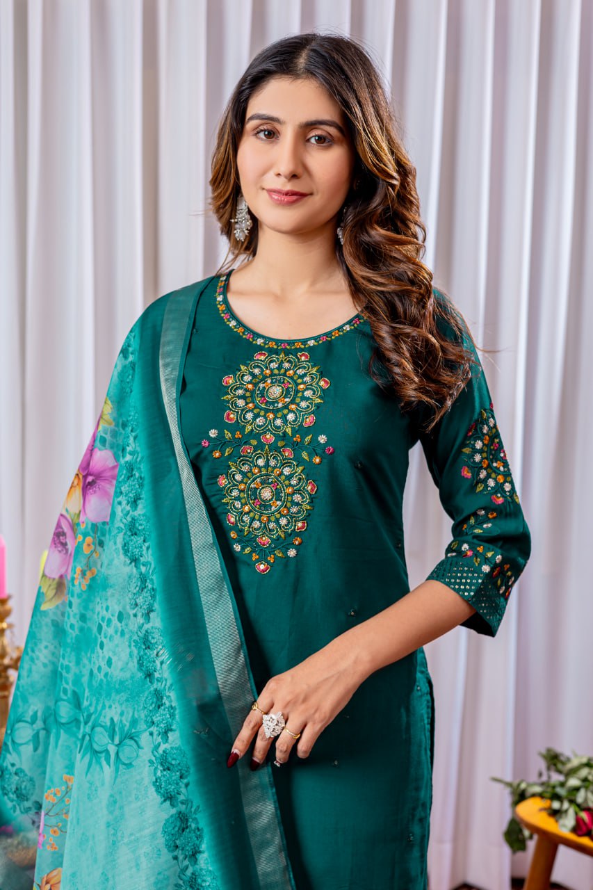 Pramukh Fab Teal Green Color Viscose Silk Kurta Set